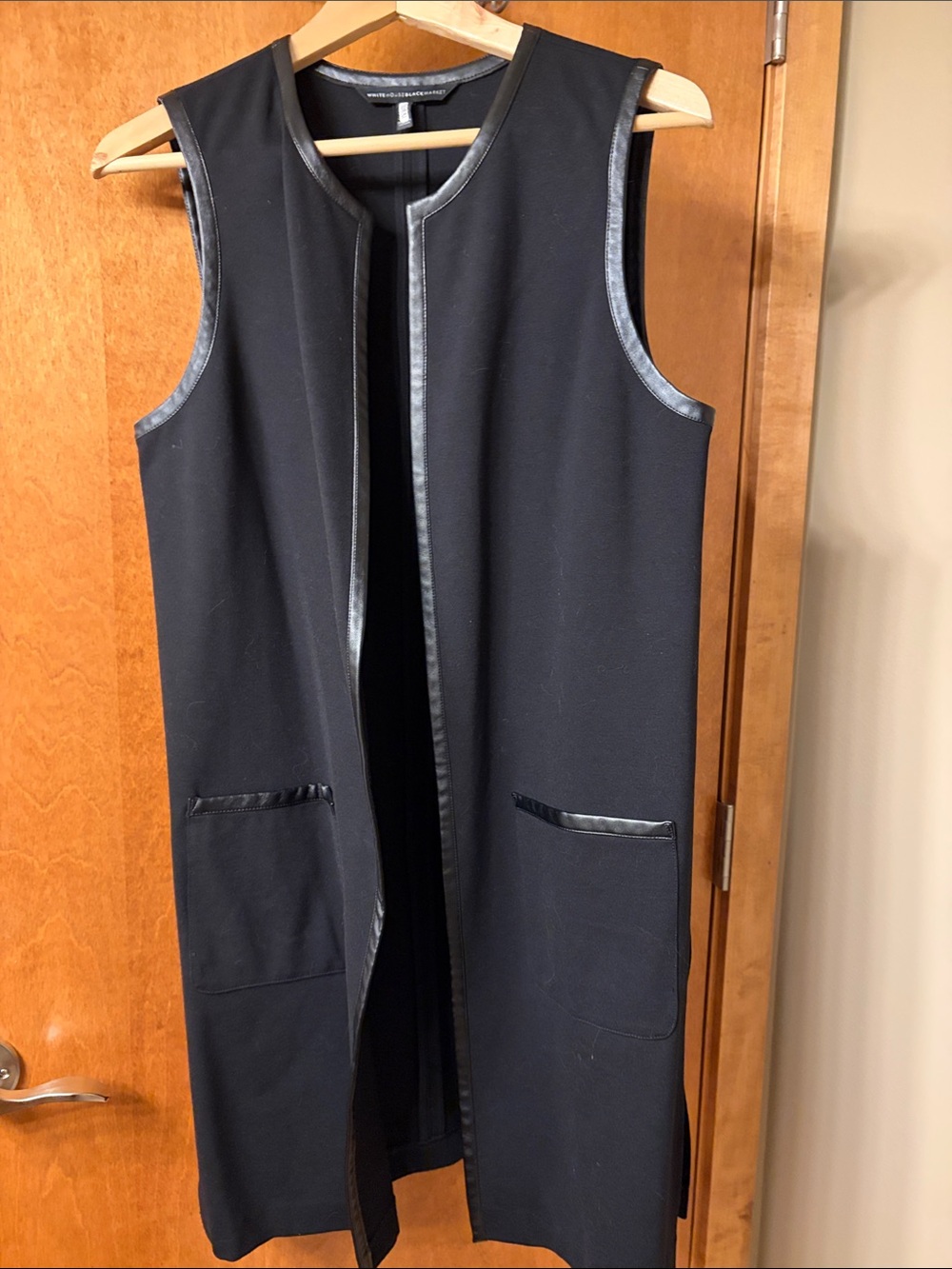 WHBM Sleeveless Long Black Vest with Faux Leather Trim